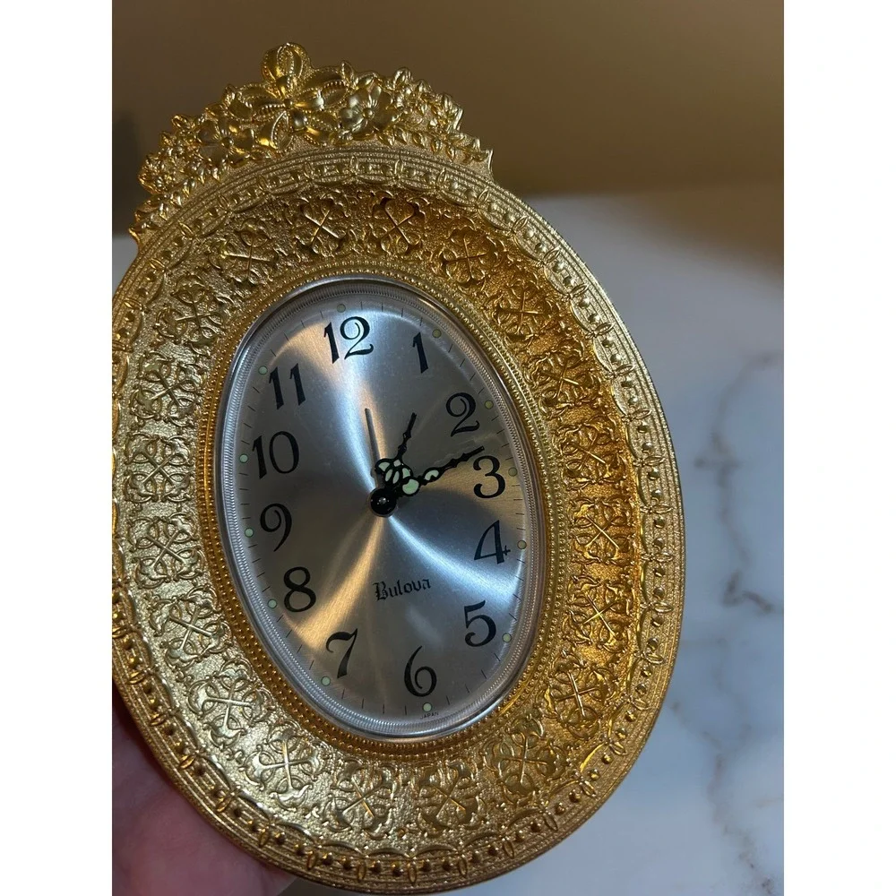 Bulova Vintage Gold Ornate Filigree Oval Tabletop Alarm Clock Manual Wind Up‎